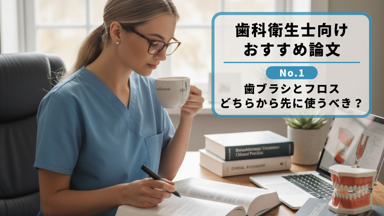 歯科衛生士向けおすすめ論文 No.1「歯ブラシとフロス、どちらから先に使うべき？」の画像です。