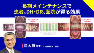 長期メインテナンスで患者、DH・DR、医院が得る効果の画像です。